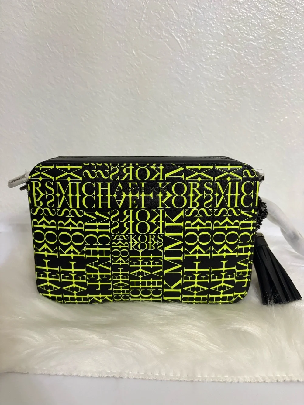 Michael Kors Black Crossbody with Neon Yellow Logo Print